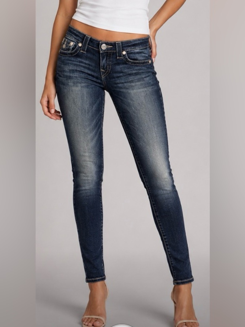 True Religion Women's Low Rise Skinny Jeans with Flaps Dark Blue Island Song 28